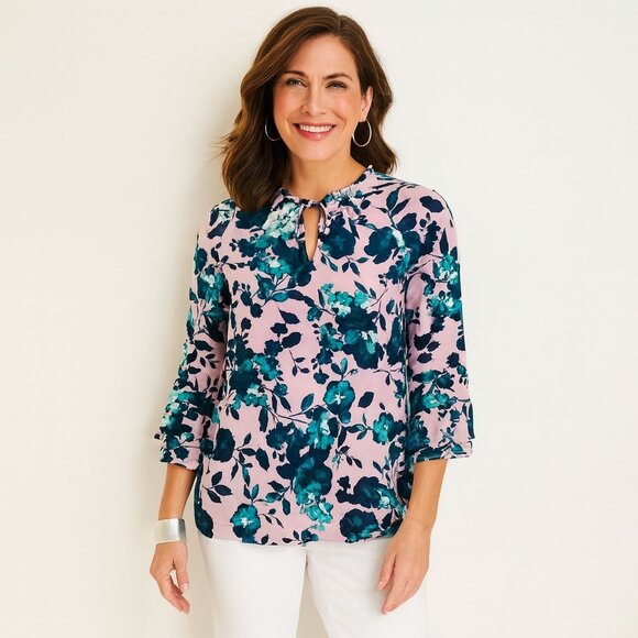 J. Jill Womens Blouse Mauve Beautiful Blooms Top Bell Sleeve Rayon Size L - Picture 1 of 12